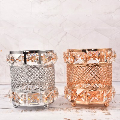 New Christmas Gift Custom Metal Cylinder Cosmetic Make up brushes Storage Case Gold Crystal Makeup Brush Holder Cup